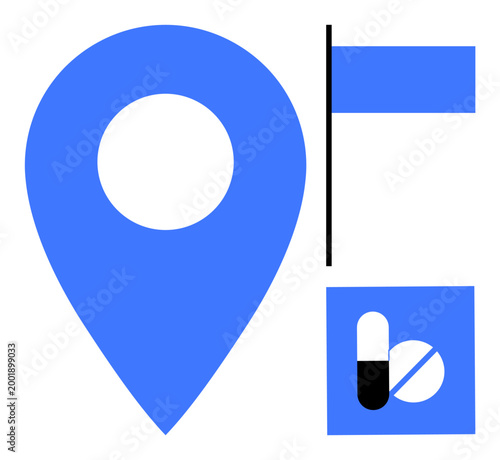 Healthcare navigation, digital maps, pharmacy services, medical location, online drugstores, conceptual marketing. Blue location pin, flag and pharmacy icon. Healthcare navigation and pharmacy