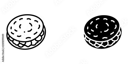 Two icons of a round sandwich or cookie, one in outline style and one in solid silhouette, depicting a sweet or savory snack.