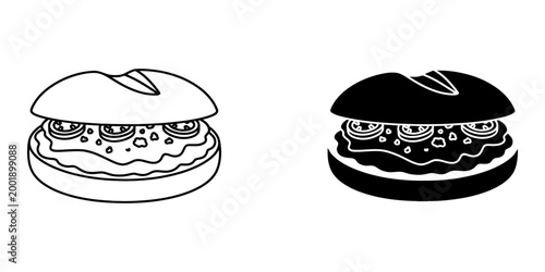 Burger icons in outline and silhouette, showcasing layers of bun, patty, and sliced tomatoes, representing a classic fast food item.