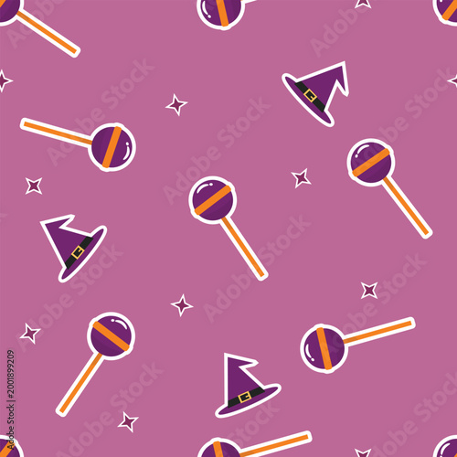 Halloween seamless pattern with lollipop candy and witch hat purple background flat vector
