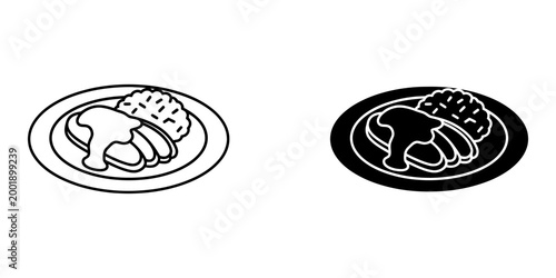 Clean vector illustration of sliced cooked chicken breast served with fluffy white rice on a circular plate, offered in both line art and bold black filled styles.