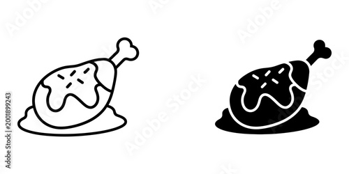 Artistic rendering of fried chicken leg quarter with a glossy sauce glaze and accompanying sauce puddle, depicted in both detailed outline and stark black fill versions.