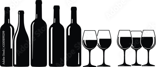 Wine Bottle and Glass Icon Set with Red Wine Beverage Silhouettes in Minimal Black Vector Style for Bar Restaurant Menu and Alcohol Design