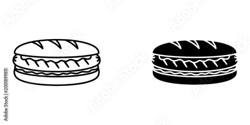 Baguette sandwich with sausage and cheese icon set in linear and solid style isolated on white background for fast food menu design or bakery cafe digital graphic illustration of street food product.