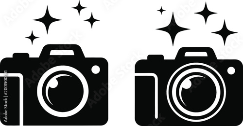 Camera Icon Set with Sparkle Effects Photography Symbols in Minimal Black Vector Style for Photo Apps Media Content and Creative Design