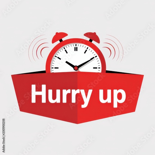 Red alarm clock with hurry up text on a light gray background