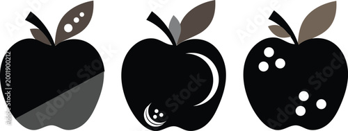 Black Apple Icons, Vector Graphics, Silhouette Illustrations, Fruit Symbols