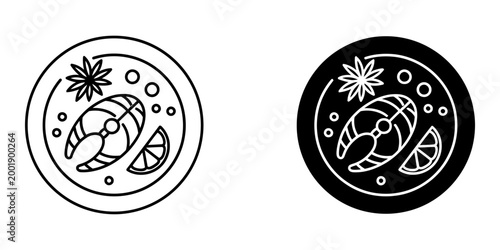 Salmon steak on plate icon set with line and glyph style for healthy diet and seafood menu design isolated on white background symbol of grilled fish with lemon and herbs for gourmet restaurant.