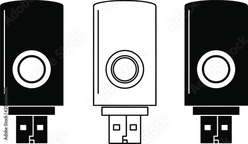 USB Flash Drive Icon Set with Button Design Storage Devices in Minimal Outline and Solid Black Vector St
