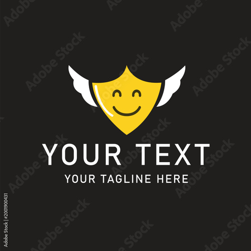 Smiling shield logo, winged protection symbol, yellow icon, customizable template