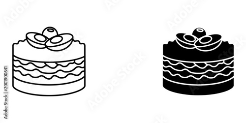 Hand drawn outline and solid black silhouette of layered cake with cream and fruits isolated on white background, simple icon graphic, delicious pastry dessert, sweet food element.