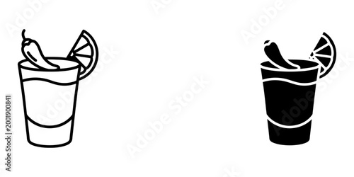 Outline and solid black silhouette of shot glass with tequila, lime and chili pepper, simple icon graphic, alcoholic drink element, strong spirit beverage.