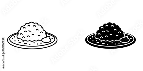 Serving of cooked white rice on round plate with small side of sauce as staple grain carbohydrate meal for healthy diet menu graphic element in solid black and outlined vector style on white base.
