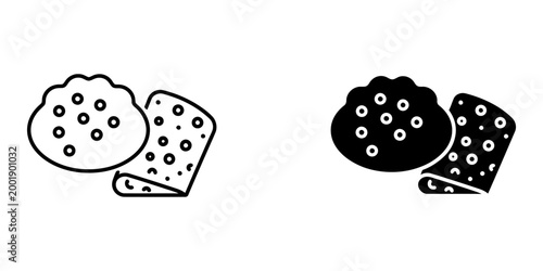 Ghoriba almond cookies and crepes icon set in outline and solid style for moroccan bakery shop dessert representation traditional mediterranean sweets design collection isolated on white background.