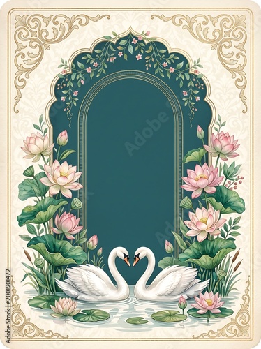 Ornate Romantic Swans and Lotuses, Elegant Floral Arch Border