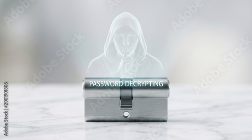 Hacker silhouette with shushing gesture over a lock cylinder labeled password decrypting