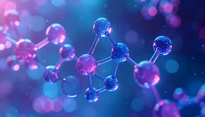 DHA分子をイメージした青とピンクの3Dサイエンスビジュアル、先端科学・研究・美容成分を表現した抽象背景 Blue and pink 3D science visual inspired by a DHA molecule, abstract background expressing advanced science, research and beauty ingredients