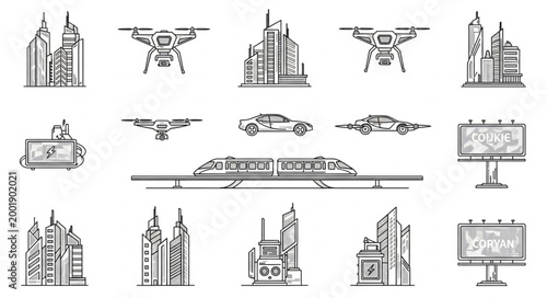 Collection of futuristic city elements and transportation methods.