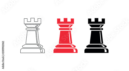 Chess rook variations black red and white line art