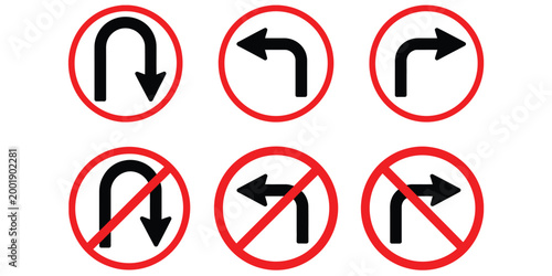 Free Download U-Turn, Left Turn, Right Turn, and No Turn Symbols with Red Circular Borders