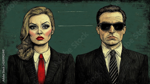 Retro-styled portrait illustration of confident woman with bold makeup and man in sunglasses, both in formal suits against textured dark green background, evoking classic noir or spy aesthetic.