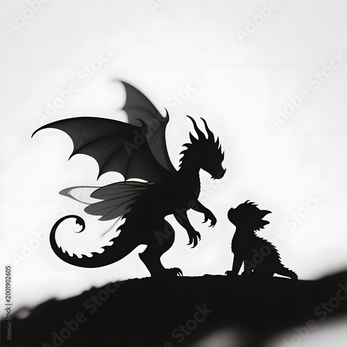 Dragon and baby creature silhouetted against bright background  