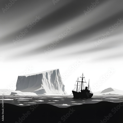 Vintage ship sailing in calm waters near a rocky island  