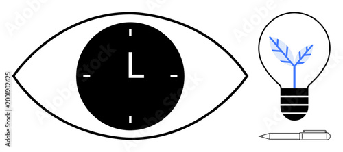 Creativity, time management, innovation, productivity, sustainability, design. Abstract eye with clock, light bulb with tree design and pen. Creativity and time management symbolism