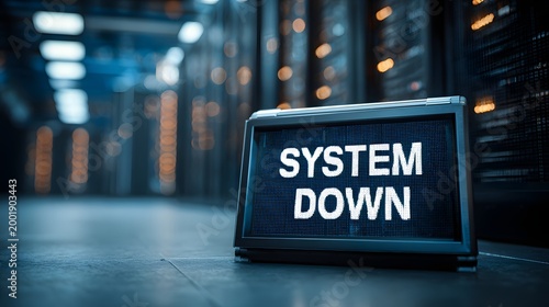 System down sign placed on floor in data center with server racks background.