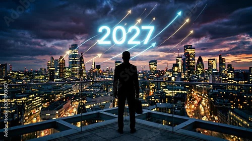 Businessman standing on skyscraper roof looking at glowing 2027 text and rising financial arrows. Future city development and economic growth for New Year 2027.