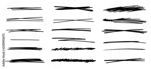 Set of highlights, crosses, lenes, marks. Handwriting design template underlines. Scribble doodle underlines. Marker or pen hand drawn writing 