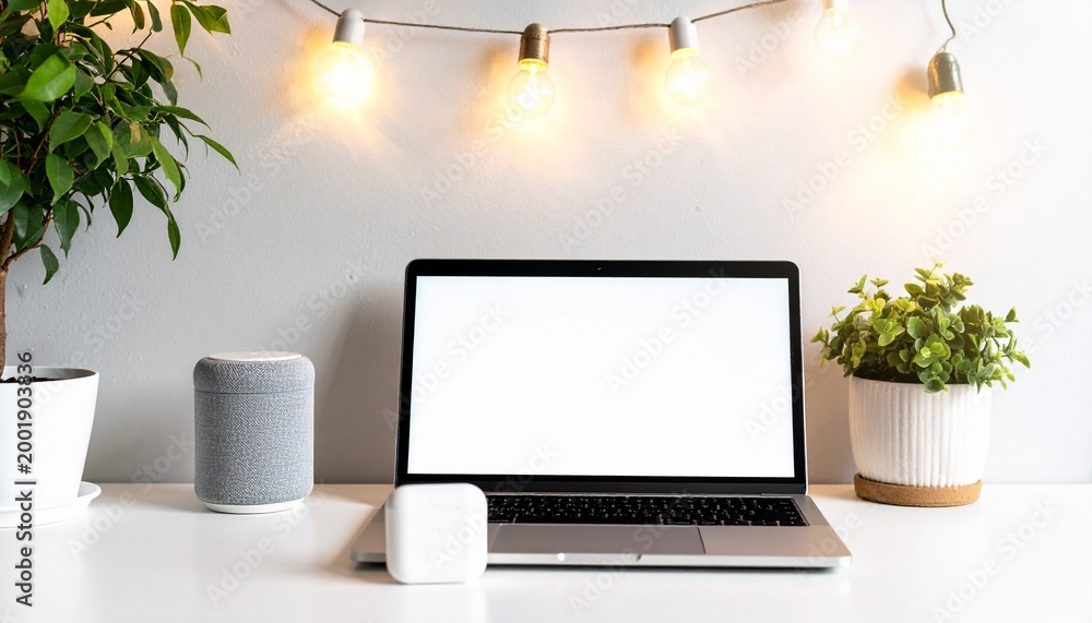 Fototapeta premium Minimalist Workspace with Laptop and Decorative Greenery Elements