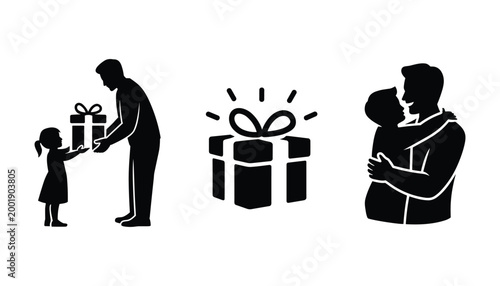 Heartwarming fathers day icons gift giving love and family celebration