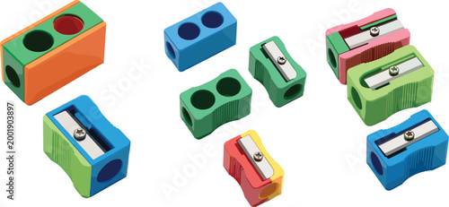 Colorful pencil sharpeners collection with different shapes and designs, school stationery tools set, realistic vector illustration isolated on white background