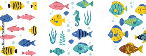 Colorful tropical fish collection with sea plants and seahorse, decorative marine animals set, cartoon ocean vector illustration isolated on white background
