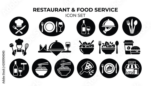Restaurant Food Service Icons Set Dining Kitchen Menu Silhouette Vector Collection