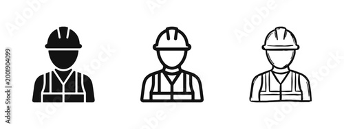 Construction Worker in Hard Hat and Safety Vest Icon Set for Industrial Occupations