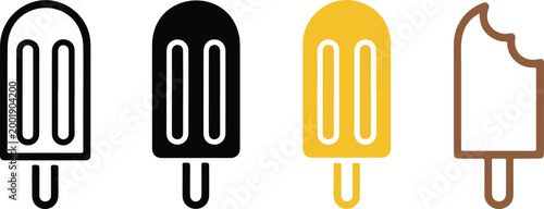 Popsicle ice cream bar vector icon set featuring frozen summer treats in colorful flat and black silhouette styles isolated on white background.