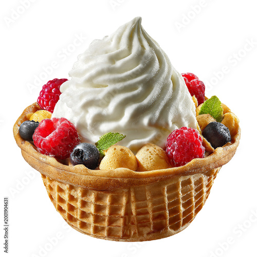 Vanilla frozen yogurt in waffle bowl with berries isolated on black