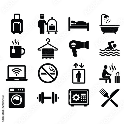 A comprehensive set of black and white icons for hotel amenities and services.