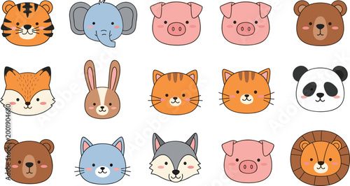 Cute cartoon animal faces collection with tiger, elephant, pig, bear, fox, rabbit, cat and panda, adorable wildlife character icons vector illustration isolated on white background