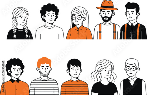 Diverse Cartoon Characters with Different Hairstyles and Outfits for Casual, Lifestyle, and Social Illustrations