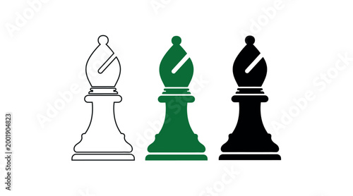 Chess bishop pieces in three colors white green and black