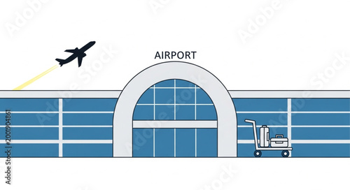Modern Airport Terminal with Airplane and Ground Vehicle.