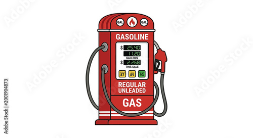 Red gas pump nozzle with dripping fuel flat vector illustration