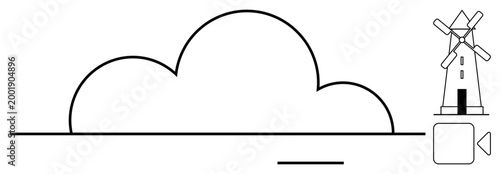 Renewable energy, data storage, technology, environment, creativity, visual media. A cloud outline, windmill and a video camera symbol. Renewable energy and data storage theme