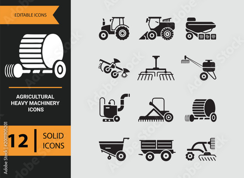 farm heavy equipment glyph icons for agriculture machines collection