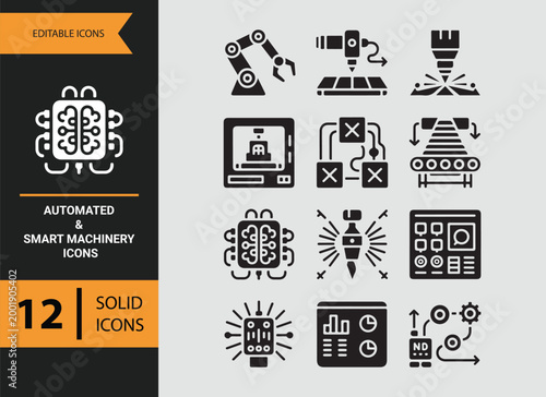 intelligent automation machines glyph icons for industrial workflow tools
