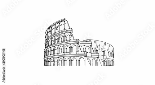 Stylized black and white sketch of an ancient Roman amphitheater with arched levels