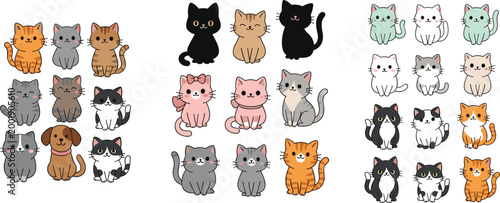 Cute cartoon cats collection with different colors and poses, adorable kitten characters set, domestic pet vector illustration isolated on white background